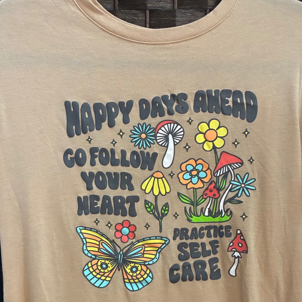 Rue21 Tshirt Cream Mushrooms Butterflies Daisies Positive Message Happy Size XL - Picture 4 of 7